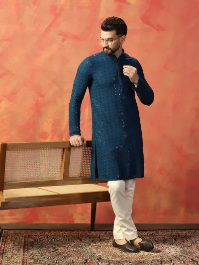 Men Blue Sequence Kurta